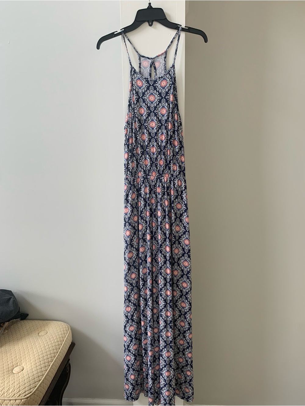 French Grey Navy & Coral Maxi Dress